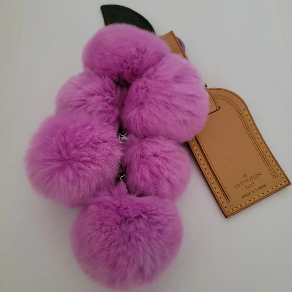 Louis Vuitton Vachetta Leather Luggage Tag & Purple Faux Fur Pom Pom Charm Set